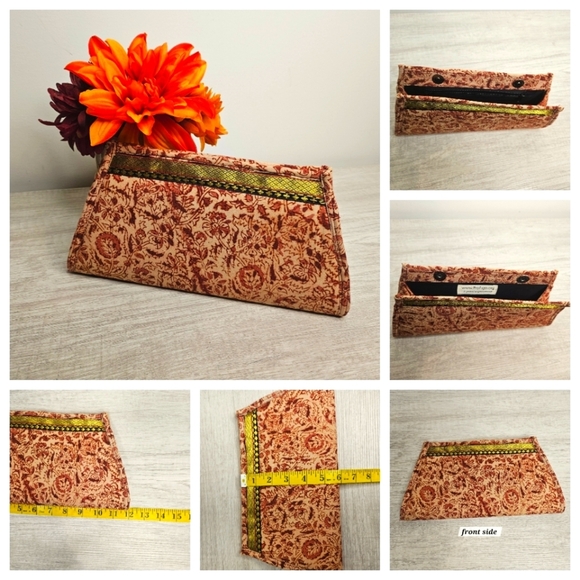 Damask Fabric Tan Rose Floral Gold Metallic Accent Magnetic Clutch Day Evening - Picture 8 of 9